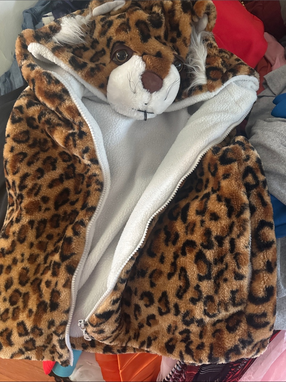 Leopard Print Faux Fur Hooded Jacket with Plush Animal Hood